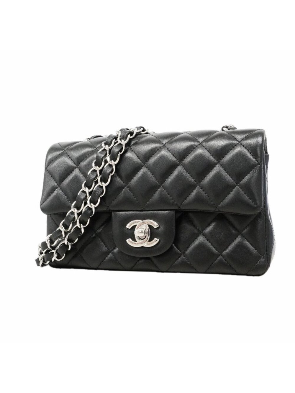 Chanel Shoulder Bag Mini Quilted Lambskin Black Silver